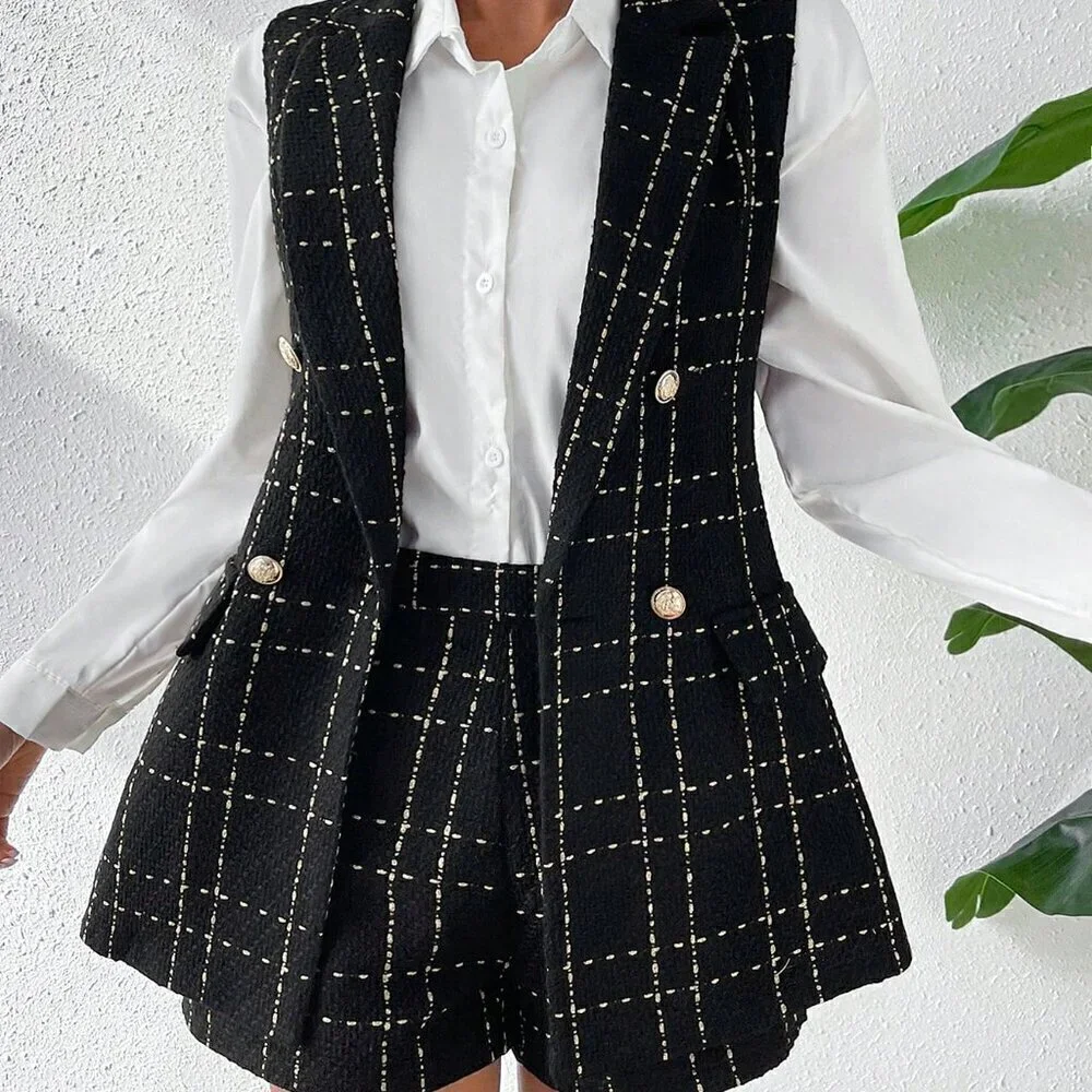 Fall Stylish Plaid Double Breasted Tweed Vest Blazer & Shorts